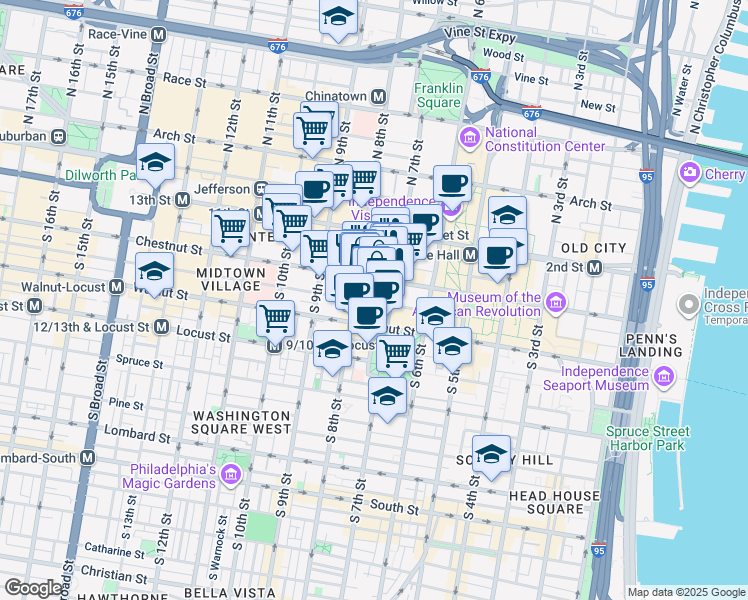 map of restaurants, bars, coffee shops, grocery stores, and more near 729 Sansom Street in Philadelphia