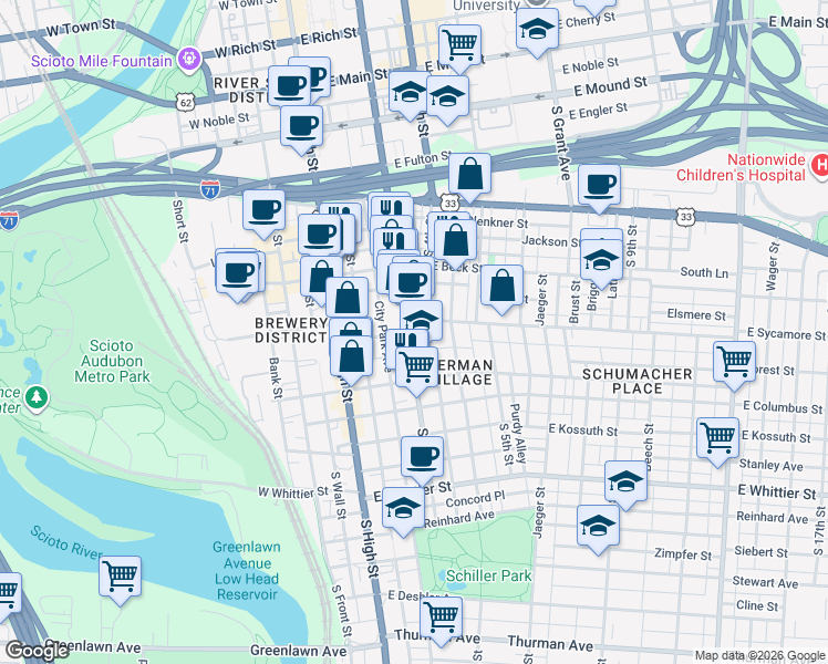 map of restaurants, bars, coffee shops, grocery stores, and more near 627 South 3rd Street in Columbus