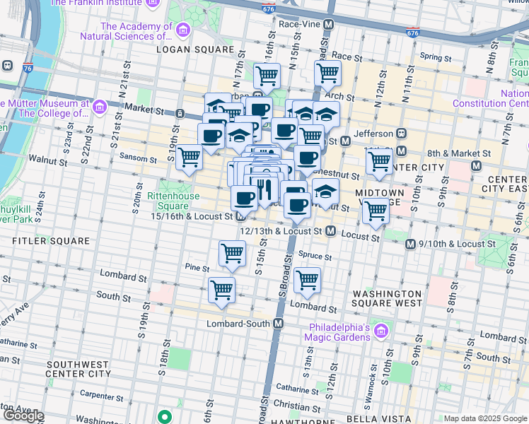map of restaurants, bars, coffee shops, grocery stores, and more near 1508 Walnut Street in Philadelphia