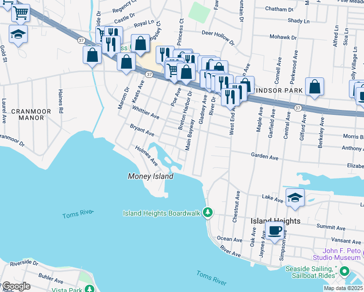 map of restaurants, bars, coffee shops, grocery stores, and more near 44 8th Bayway in Toms River