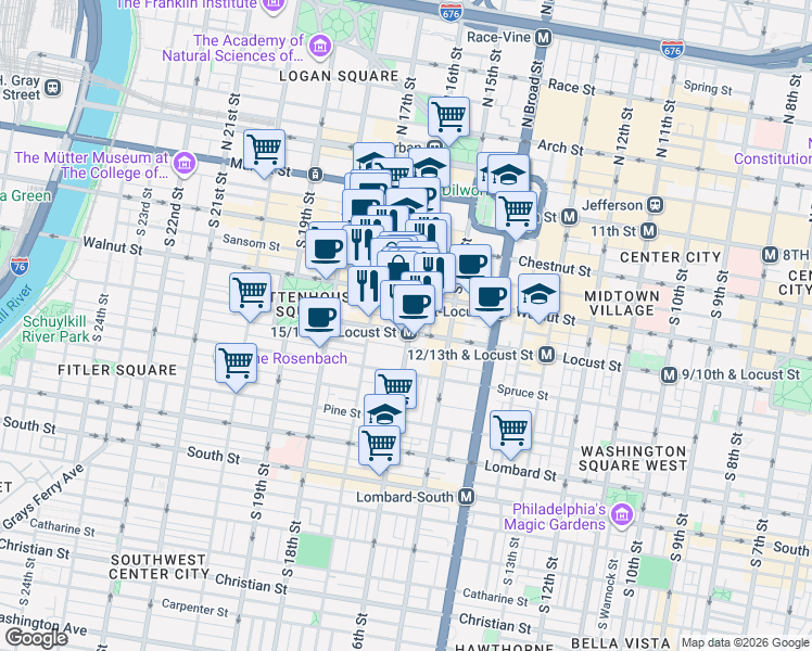 map of restaurants, bars, coffee shops, grocery stores, and more near 1601 Locust Street in Philadelphia