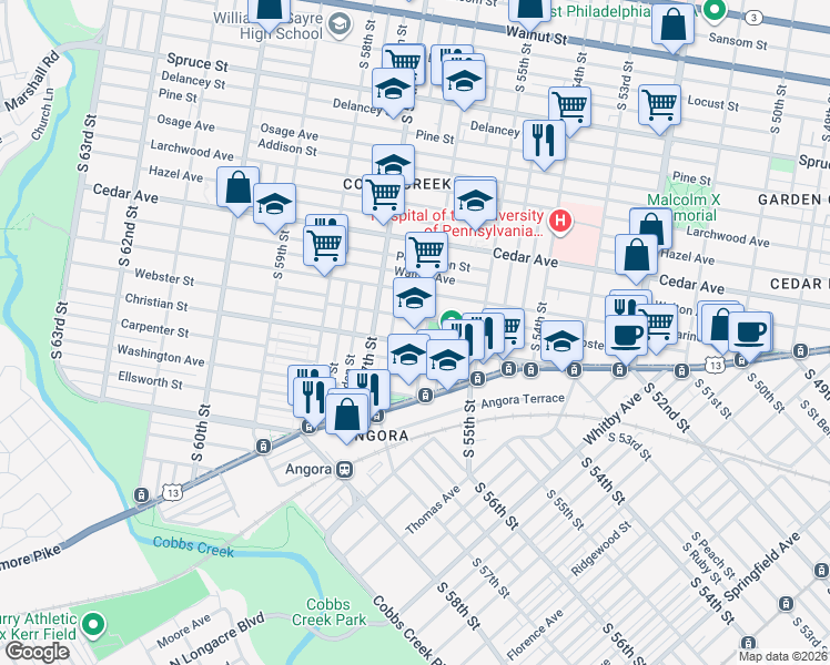 map of restaurants, bars, coffee shops, grocery stores, and more near 5601 Christian Street in Philadelphia