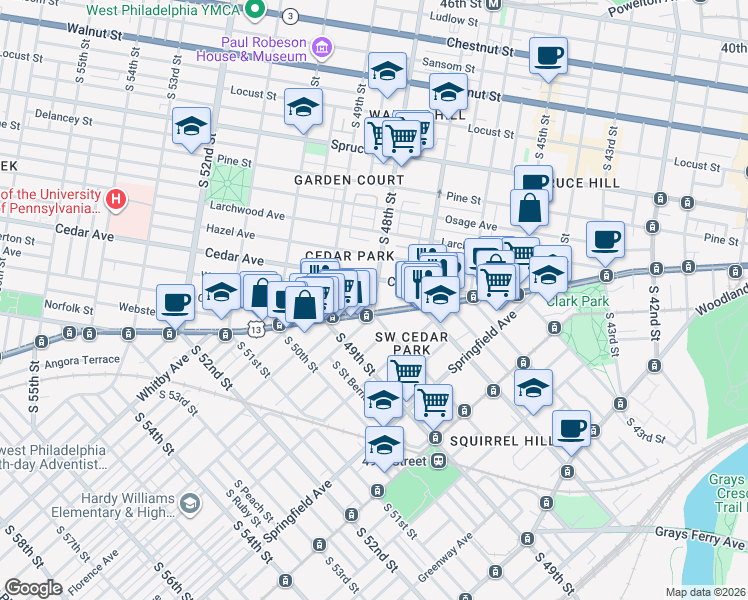 map of restaurants, bars, coffee shops, grocery stores, and more near South 48th Street & Walton Avenue in Philadelphia