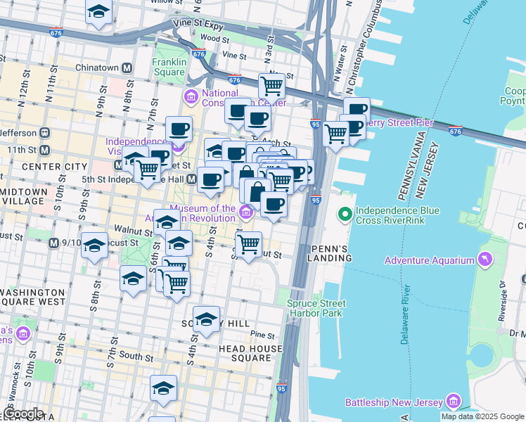 map of restaurants, bars, coffee shops, grocery stores, and more near in Philadelphia