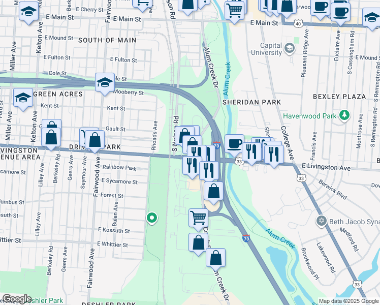 map of restaurants, bars, coffee shops, grocery stores, and more near 1943 Gault Street in Columbus