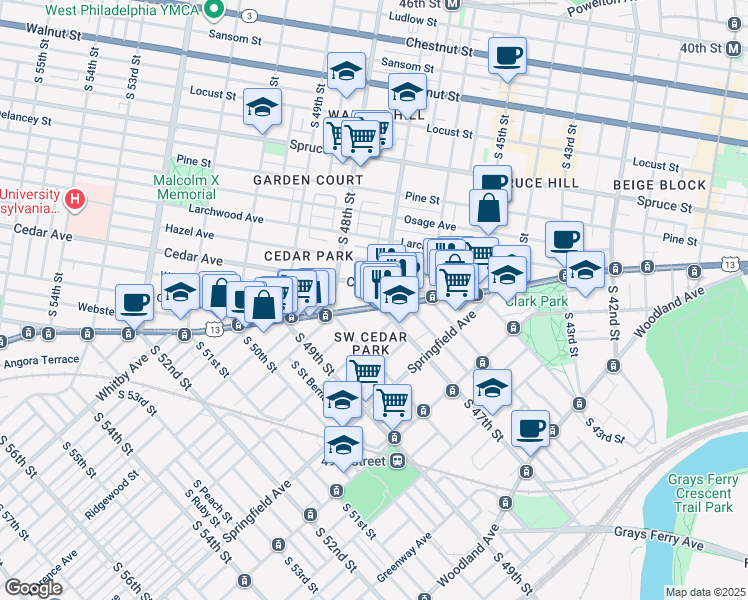 map of restaurants, bars, coffee shops, grocery stores, and more near 4703 Baltimore Avenue in Philadelphia
