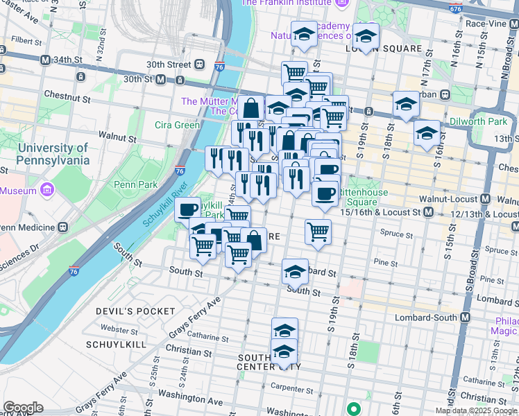 map of restaurants, bars, coffee shops, grocery stores, and more near 2211 Spruce Street in Philadelphia