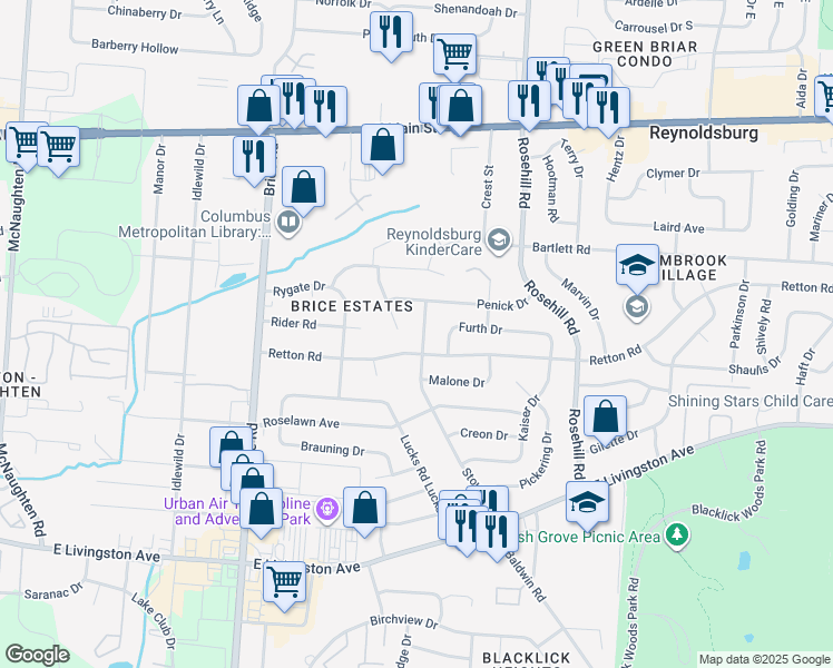 map of restaurants, bars, coffee shops, grocery stores, and more near 1571 Stouder Drive in Reynoldsburg