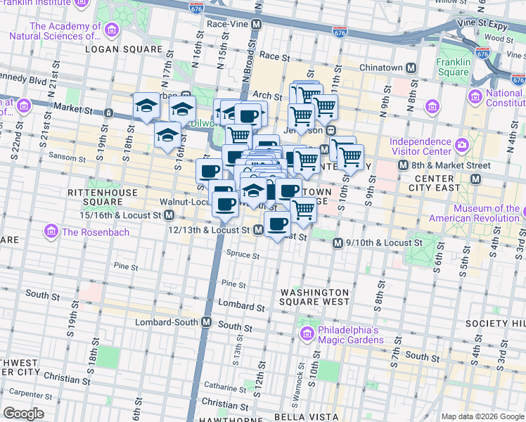 map of restaurants, bars, coffee shops, grocery stores, and more near 201 South 13th Street in Philadelphia