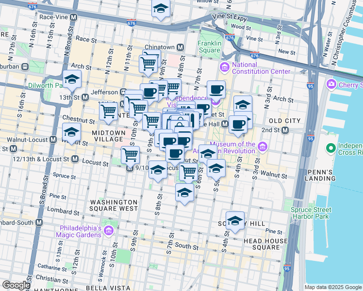 map of restaurants, bars, coffee shops, grocery stores, and more near 729 Sansom Street in Philadelphia