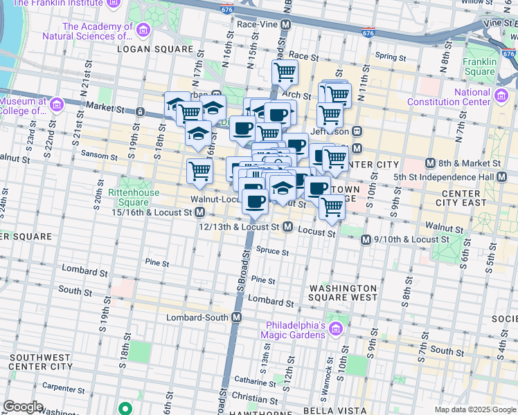 map of restaurants, bars, coffee shops, grocery stores, and more near 1325 Walnut Street in Philadelphia