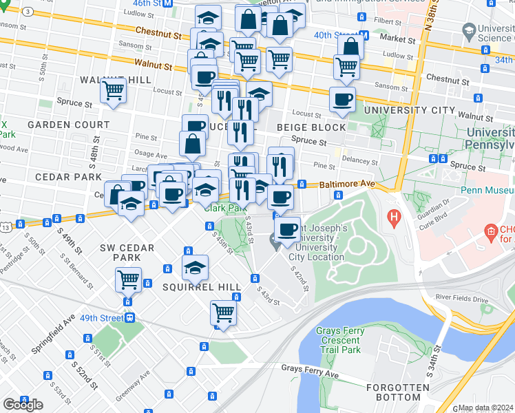 map of restaurants, bars, coffee shops, grocery stores, and more near 4224 Baltimore Avenue in Philadelphia