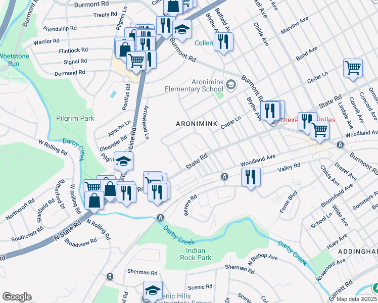 map of restaurants, bars, coffee shops, grocery stores, and more near 813 Clarendon Road in Drexel Hill