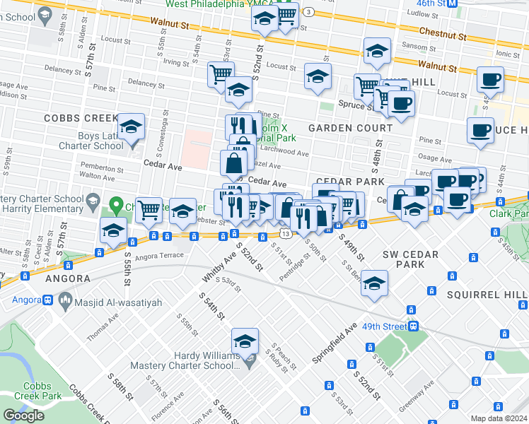 map of restaurants, bars, coffee shops, grocery stores, and more near 650 South 51st Street in Philadelphia