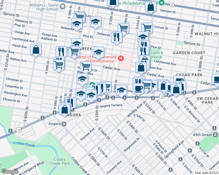 map of restaurants, bars, coffee shops, grocery stores, and more near 5448 Catharine Street in Philadelphia