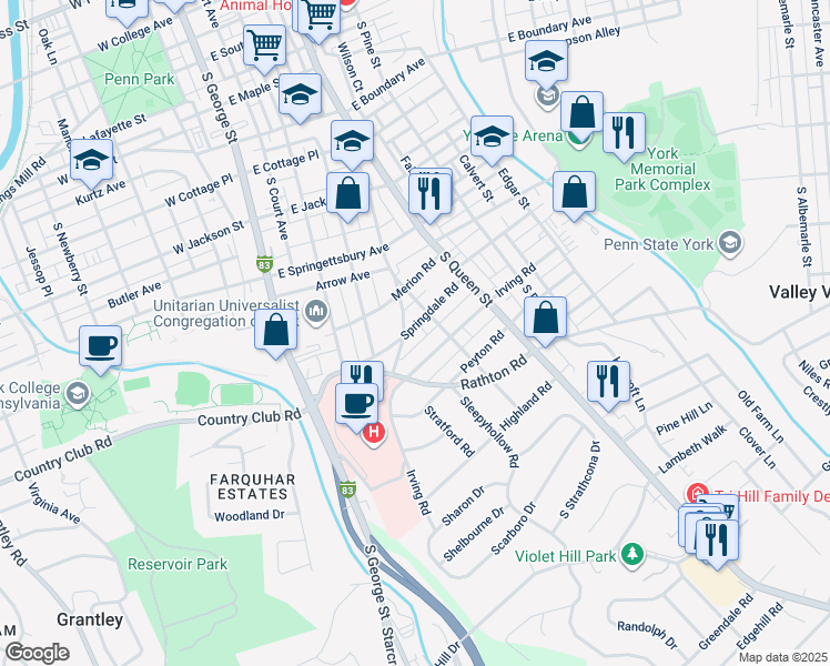 map of restaurants, bars, coffee shops, grocery stores, and more near 138 Springdale Road in York