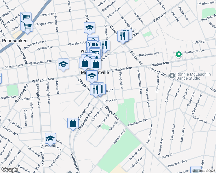map of restaurants, bars, coffee shops, grocery stores, and more near 120 Woodlawn Avenue in Merchantville