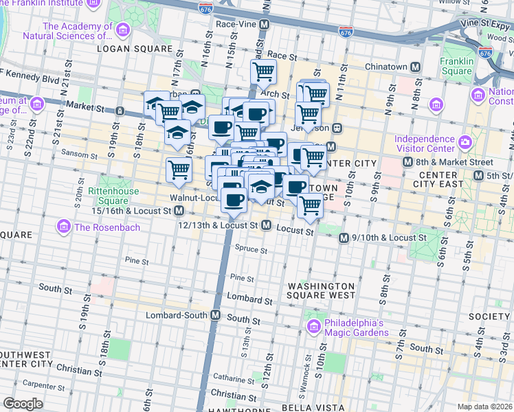 map of restaurants, bars, coffee shops, grocery stores, and more near 1316 Walnut Street in Philadelphia