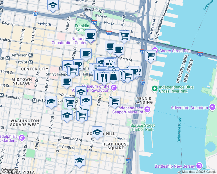 map of restaurants, bars, coffee shops, grocery stores, and more near 315 Chestnut Street in Philadelphia