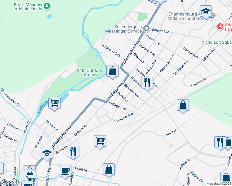 map of restaurants, bars, coffee shops, grocery stores, and more near 102 Park Avenue in Chambersburg