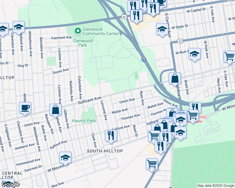 map of restaurants, bars, coffee shops, grocery stores, and more near 1715 Sullivant Avenue in Columbus