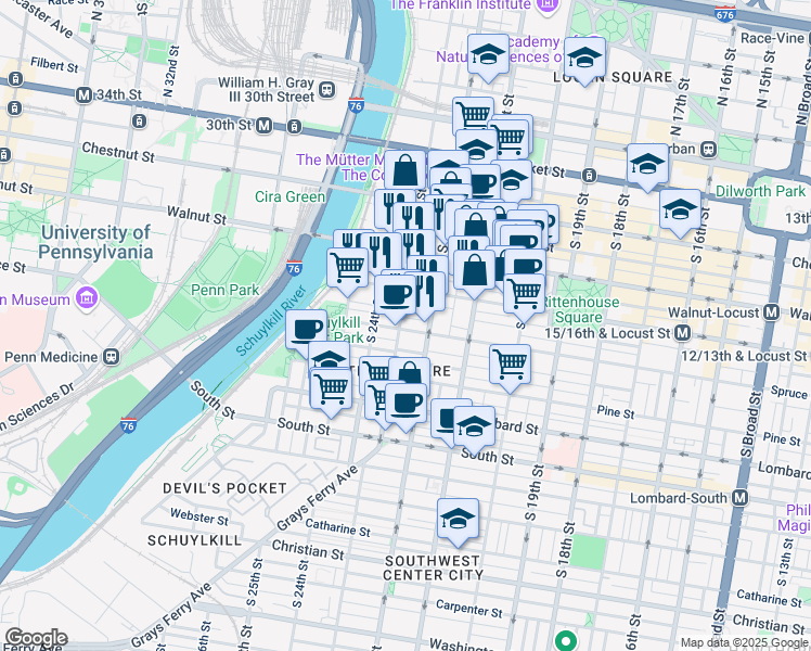 map of restaurants, bars, coffee shops, grocery stores, and more near 2225 Spruce Street in Philadelphia