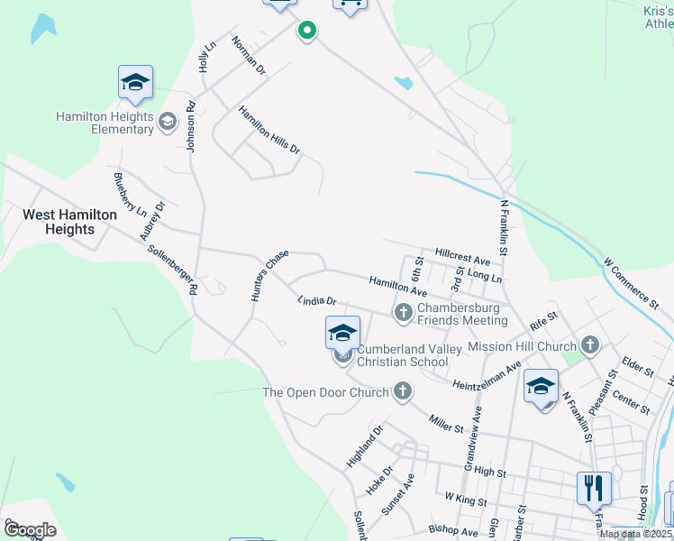 map of restaurants, bars, coffee shops, grocery stores, and more near 715 Hamilton Ave in Chambersburg