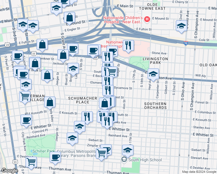 map of restaurants, bars, coffee shops, grocery stores, and more near Parsons Ave & E Sycamore St in Columbus