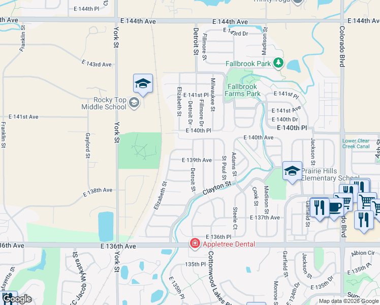 map of restaurants, bars, coffee shops, grocery stores, and more near 2748 East 140th Avenue in Thornton