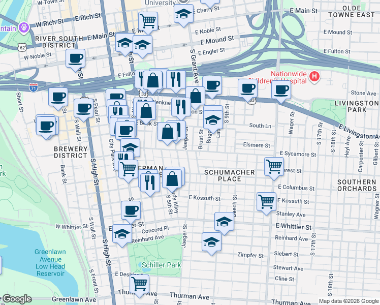 map of restaurants, bars, coffee shops, grocery stores, and more near 299 East Sycamore Street in Columbus