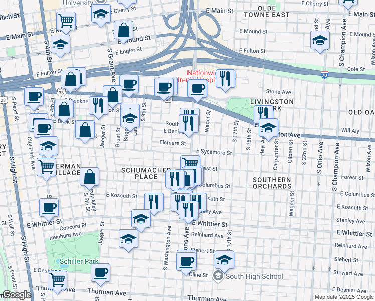 map of restaurants, bars, coffee shops, grocery stores, and more near 50 May Alley in Columbus