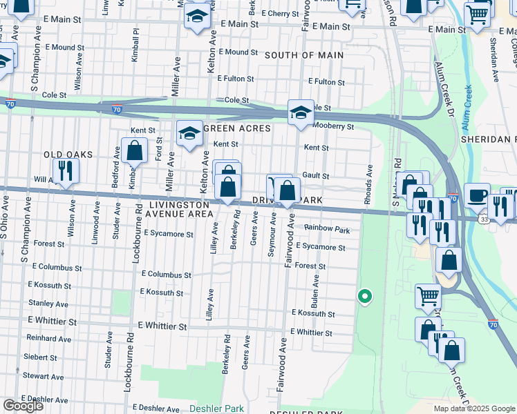 map of restaurants, bars, coffee shops, grocery stores, and more near 1573 East Livingston Avenue in Columbus