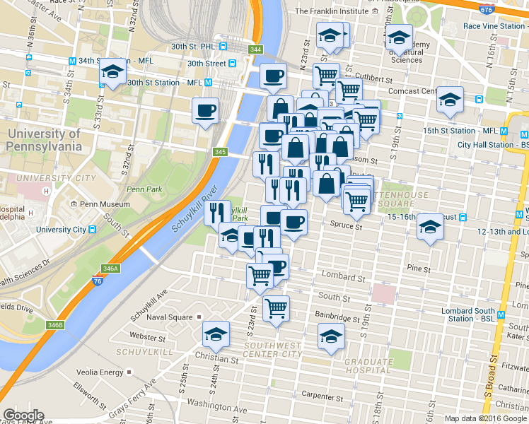 map of restaurants, bars, coffee shops, grocery stores, and more near 2329 Spruce Street in Philadelphia