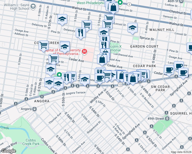 map of restaurants, bars, coffee shops, grocery stores, and more near 5216 Walton Avenue in Philadelphia