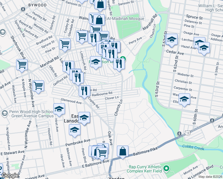 map of restaurants, bars, coffee shops, grocery stores, and more near 6958 Guilford Road in Delaware County