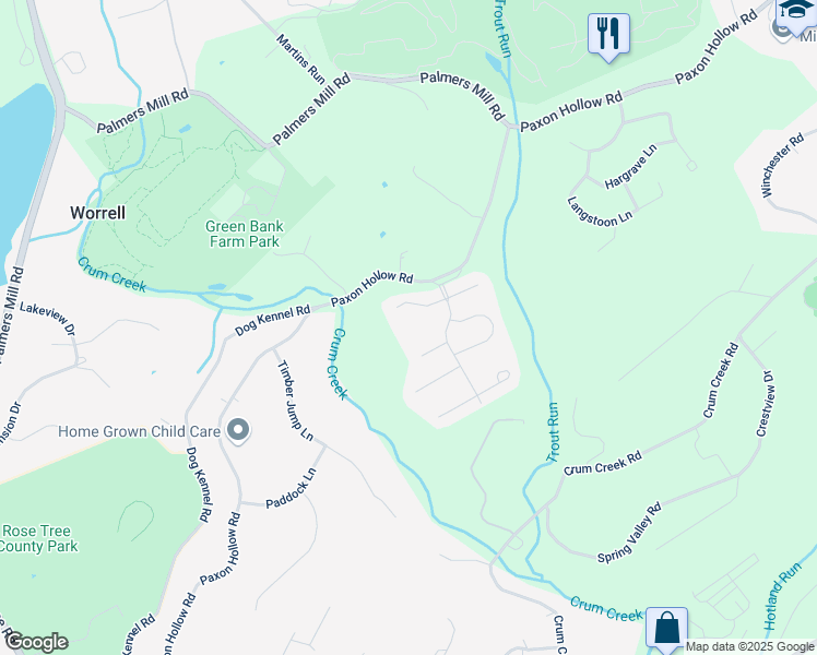 map of restaurants, bars, coffee shops, grocery stores, and more near 114 Black Bass Lane West in Media