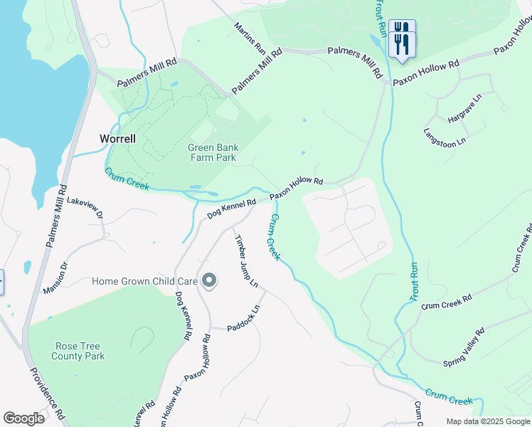 map of restaurants, bars, coffee shops, grocery stores, and more near 320 Timber Jump Lane in Media