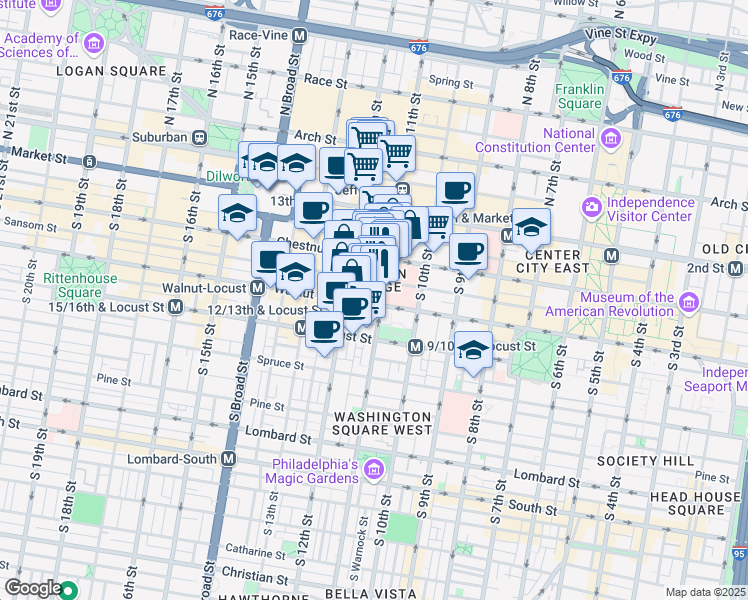 map of restaurants, bars, coffee shops, grocery stores, and more near 1105 Walnut Street in Philadelphia