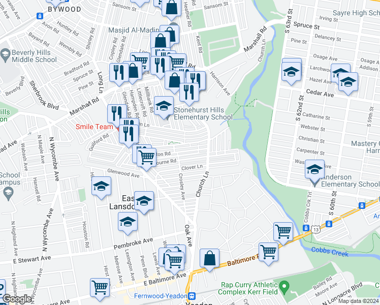 map of restaurants, bars, coffee shops, grocery stores, and more near 6946 Clinton Road in Delaware County