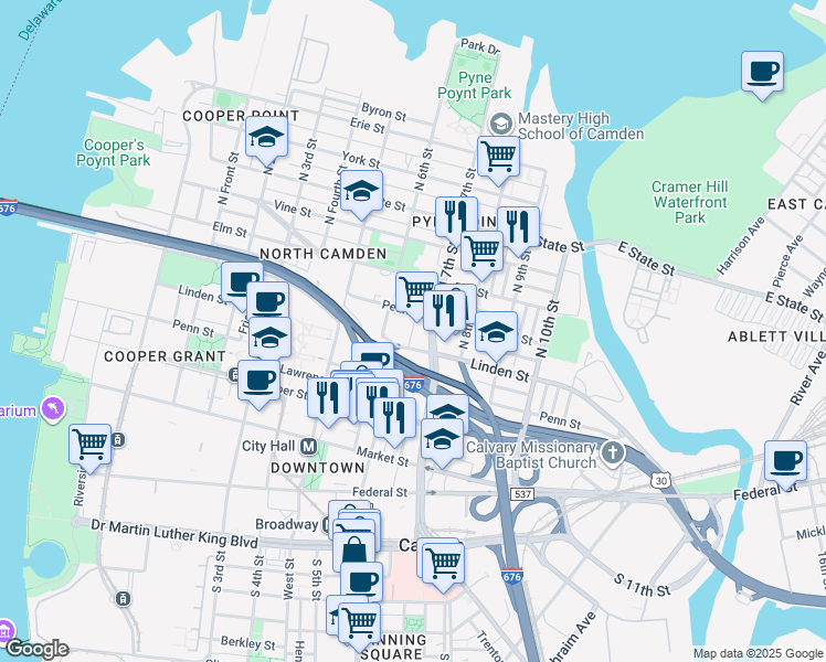 map of restaurants, bars, coffee shops, grocery stores, and more near 635 Pearl Street in Camden
