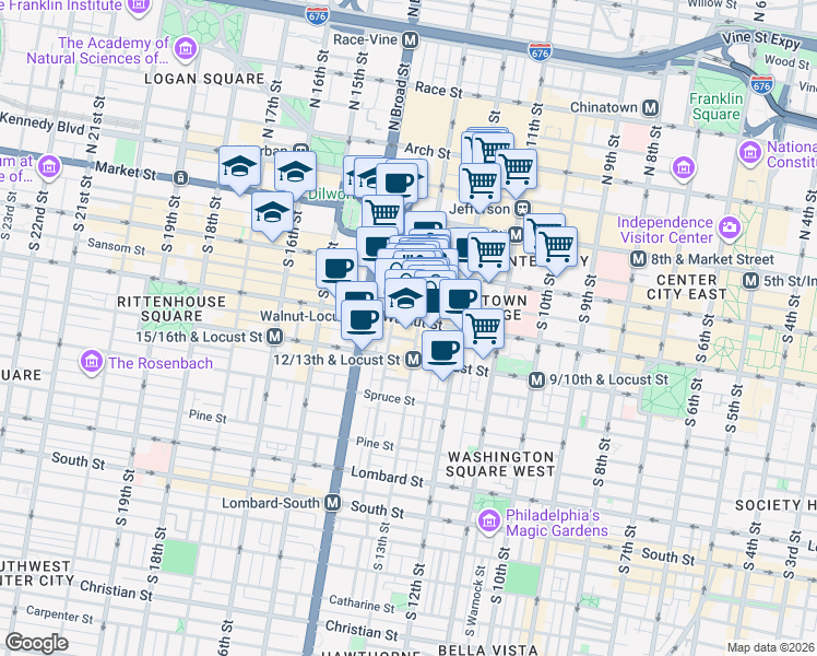 map of restaurants, bars, coffee shops, grocery stores, and more near 1247 Walnut Street in Philadelphia