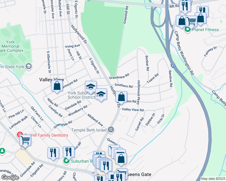 map of restaurants, bars, coffee shops, grocery stores, and more near 1800 Hollywood Drive in York