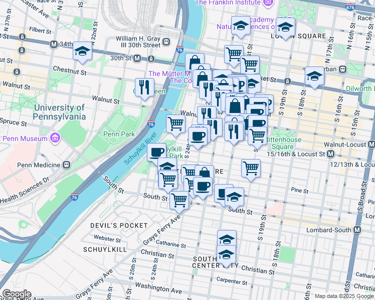 map of restaurants, bars, coffee shops, grocery stores, and more near in Philadelphia