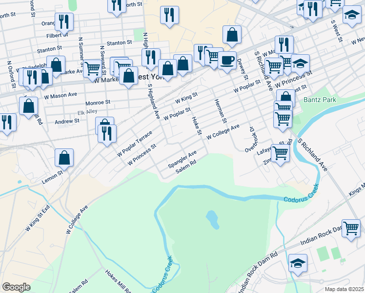 map of restaurants, bars, coffee shops, grocery stores, and more near 1345 West College Avenue in York