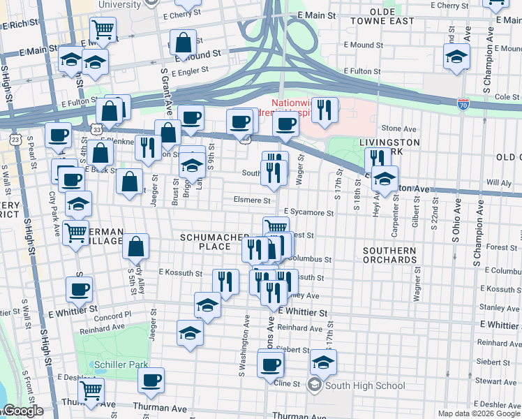 map of restaurants, bars, coffee shops, grocery stores, and more near 50 May Alley in Columbus
