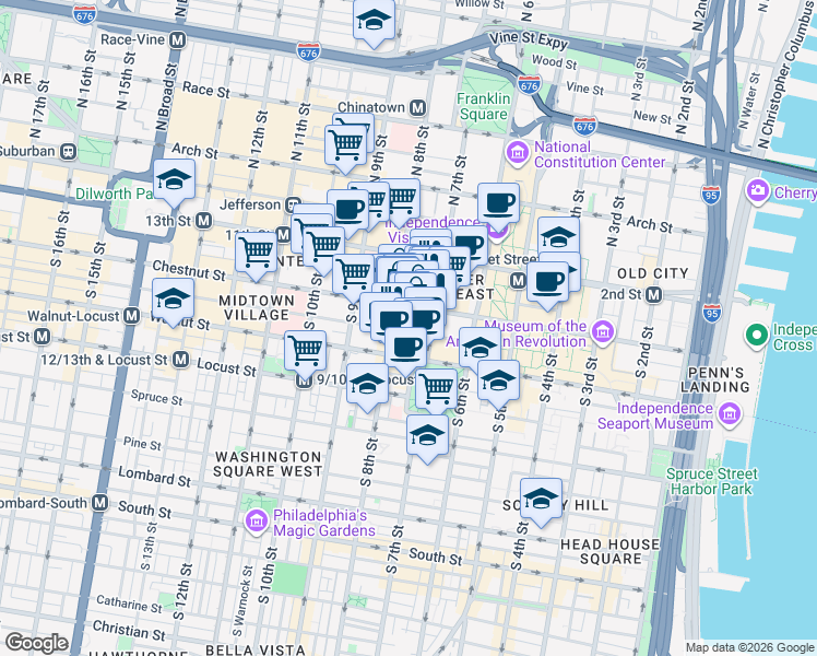 map of restaurants, bars, coffee shops, grocery stores, and more near 729 Sansom Street in Philadelphia