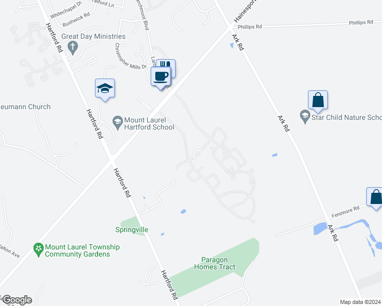 map of restaurants, bars, coffee shops, grocery stores, and more near 7 Claver Hill Way in Mount Laurel