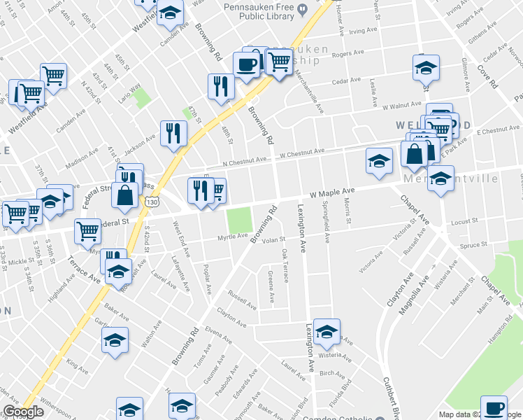 map of restaurants, bars, coffee shops, grocery stores, and more near 413 West Maple Avenue in Merchantville