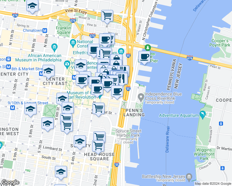 map of restaurants, bars, coffee shops, grocery stores, and more near 4 South Front Street in Philadelphia