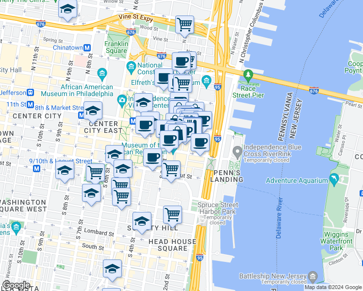 map of restaurants, bars, coffee shops, grocery stores, and more near in Philadelphia